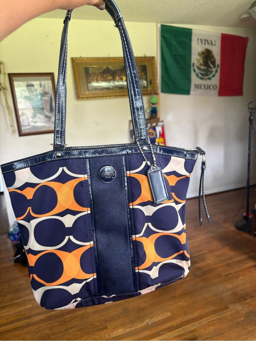 Coach Navy, Orange & Cream Signature Pattern Tote